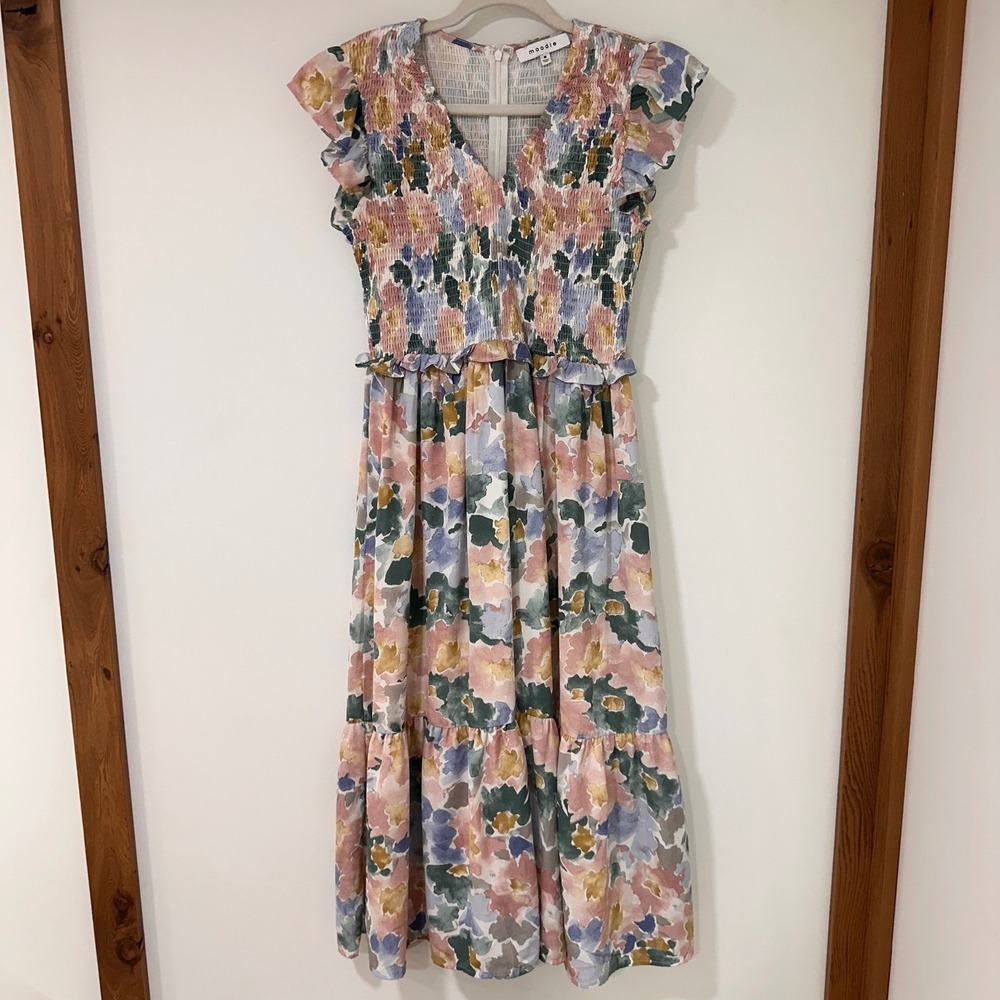 Moodie Floral Smocked Maxi Dress Women Size M Wedding Guest Ruffle | Cottagecore
